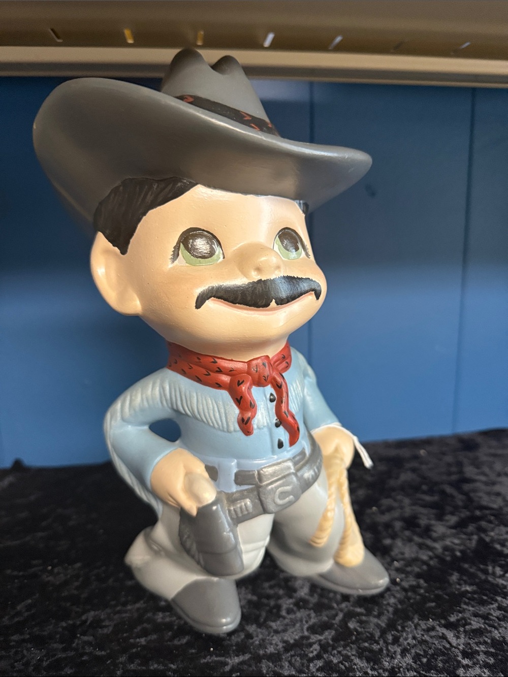Vintage Cowboy Figurine in Light Blue and Gray with Red Bandana